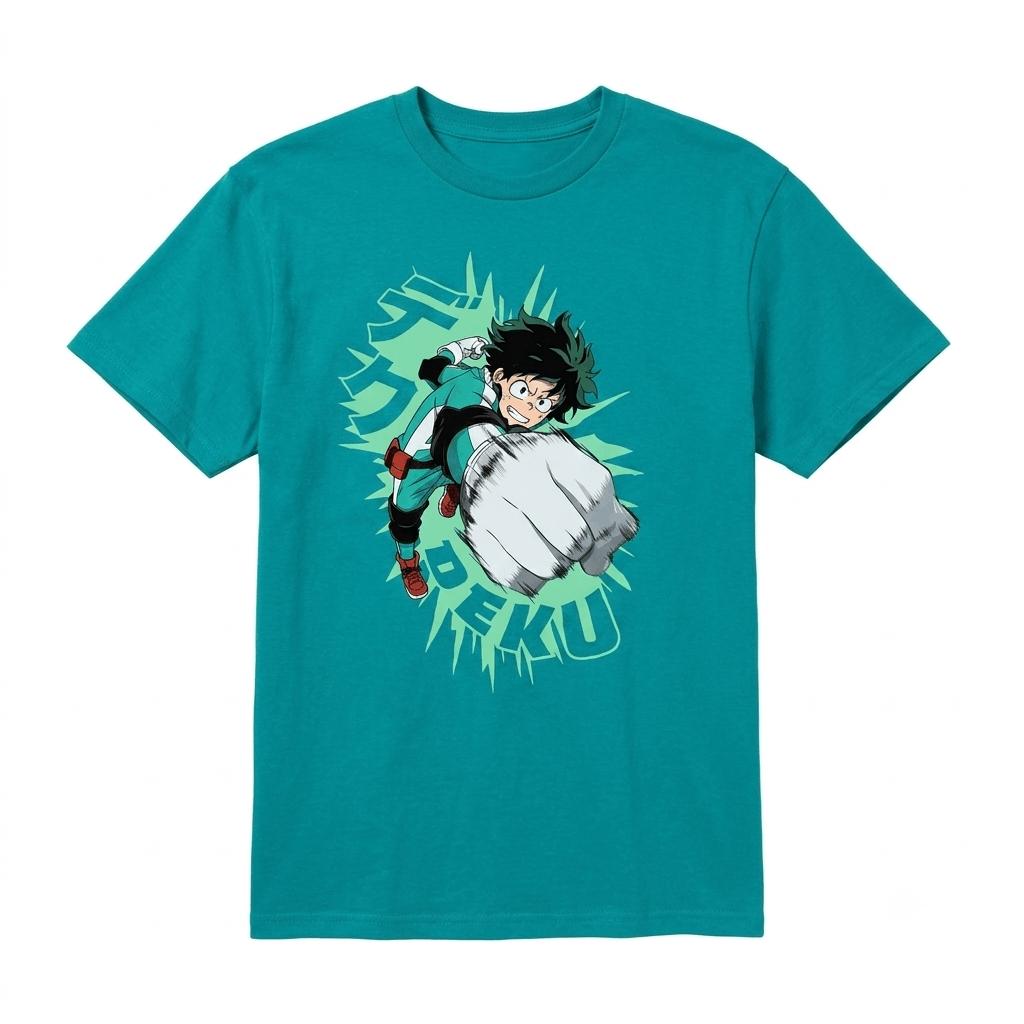 Men's Anime Inspired Hero Character Graphic T-Shirt, Turquoise Short Sleeve Casual Tee, Pop Culture Style Shirt Sizes S-