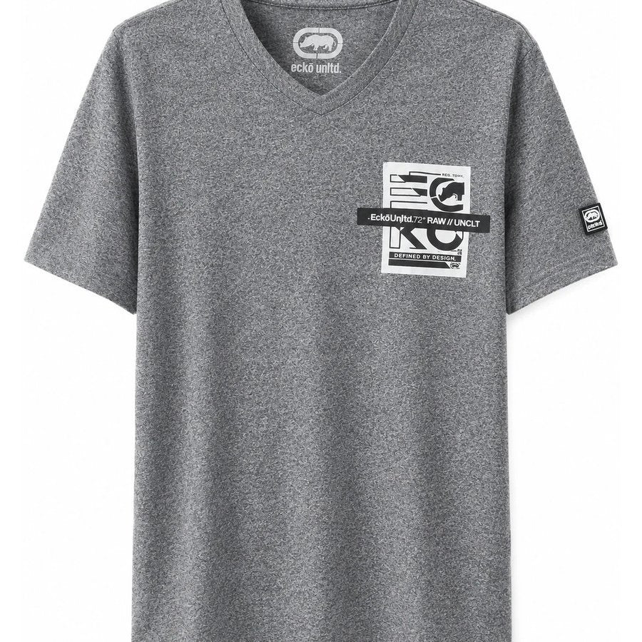 Ecko Unltd Men's V-Neck T-Shirt Grey Marled Short Sleeve Cotton Tee