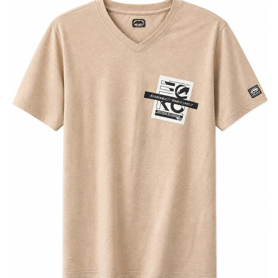 Ecko Unltd Men's V-Neck T-Shirt Oatmeal Heather Short Sleeve Cotton Tee