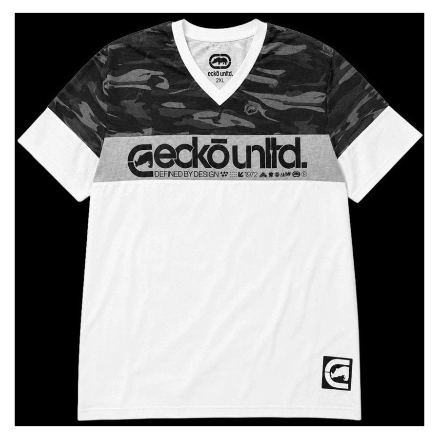 Ecko Unltd Men's Graphic V-Neck T-Shirt White Black Camo Short Sleeve Cotton Tee