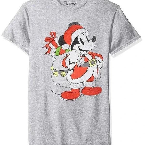 Men's Disney Mickey Mouse Christmas Graphic T-Shirt, Santa Short Sleeve Crew Neck Tee, Sizes S-3XL