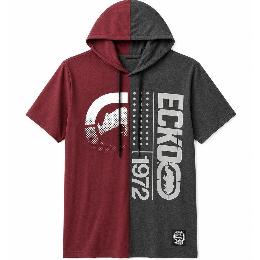 Ecko Unltd Men's Hooded T-Shirt Burgundy Charcoal Short Sleeve Cotton Hoodie Tee