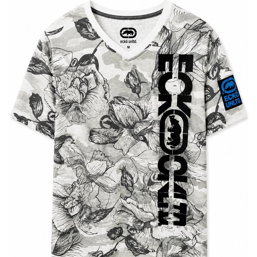 Ecko Unltd Men's V-Neck T-Shirt White Camo Short Sleeve Cotton Tee