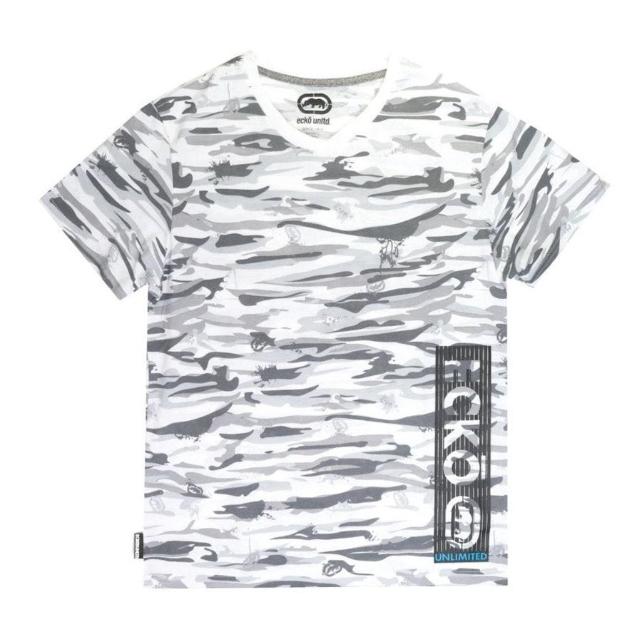 Ecko Unltd Men's V-Neck T-Shirt Grey White Camo Short Sleeve Cotton Tee