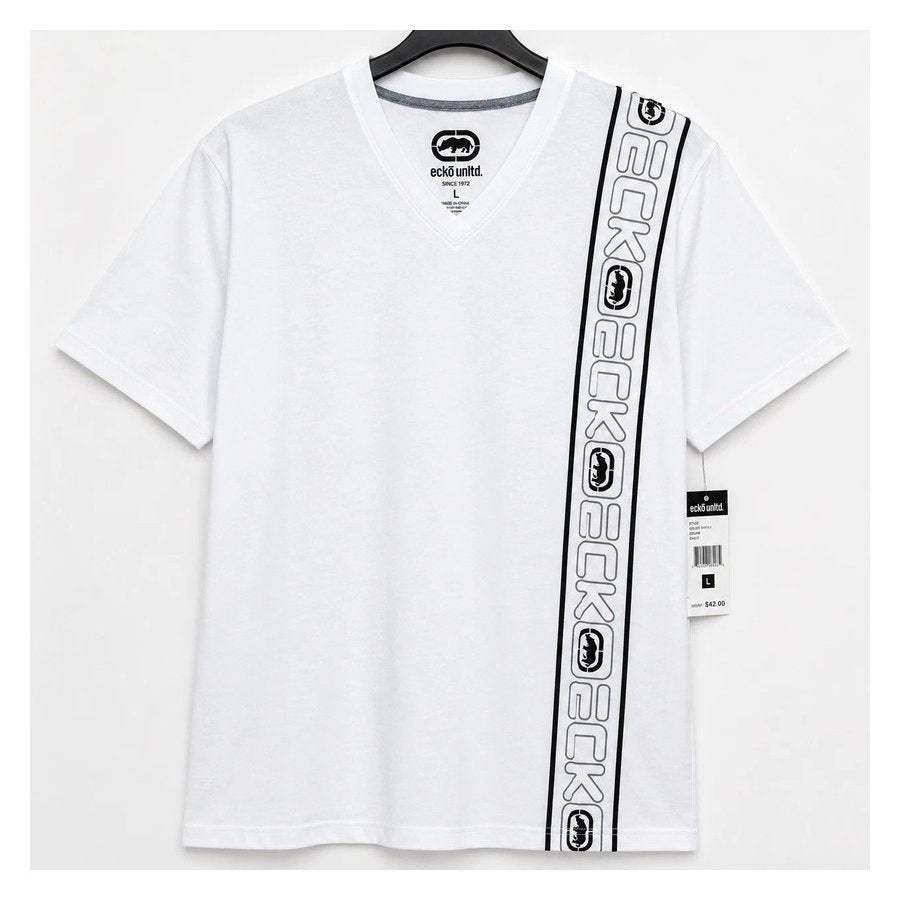 Ecko Unltd Men's V-Neck T-Shirt White Vertical Logo Stripe Short Sleeve Cotton Blend Tee