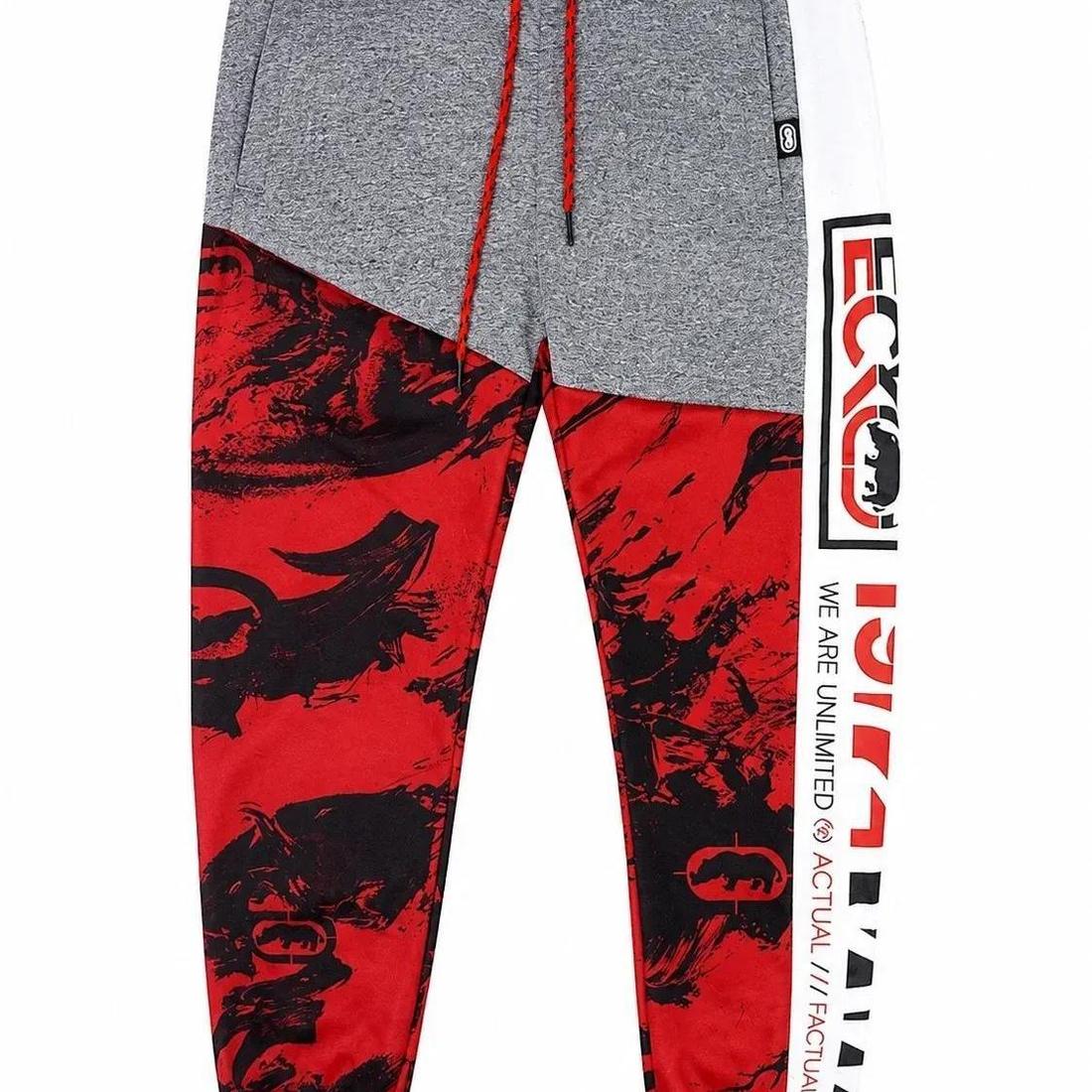 Ecko Unltd Men's Fleece Jogger Pants Black Marled True Red Drawstring Cuffed Sweatpants