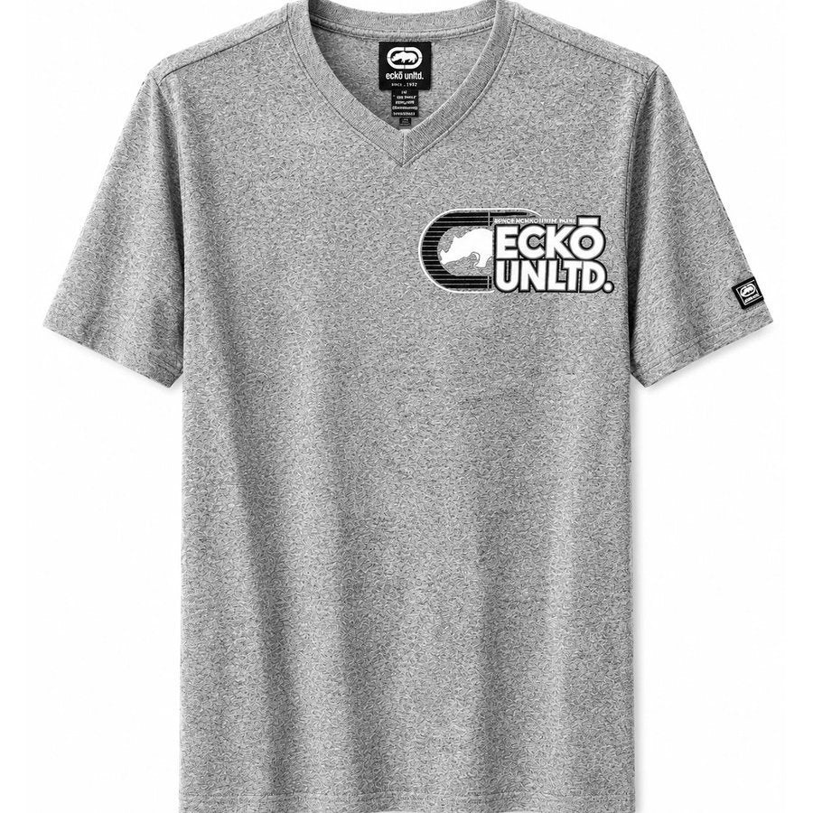 Ecko Unltd Men's V-Neck T-Shirt Grey Marled Short Sleeve Cotton Tee