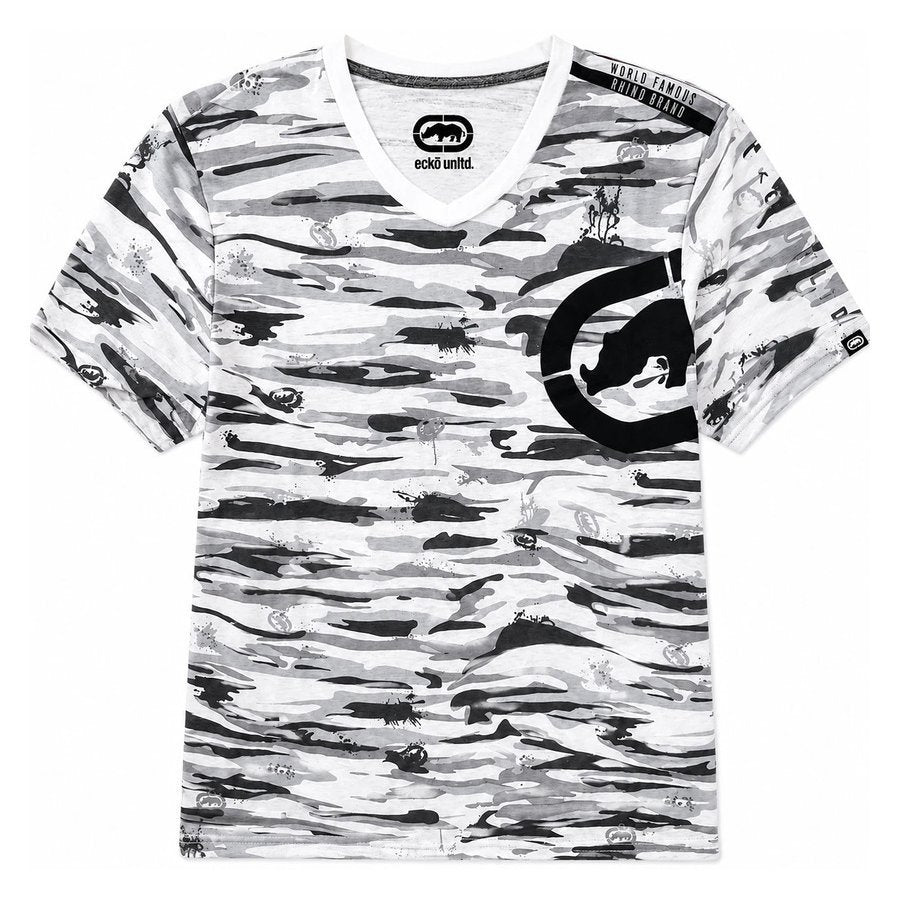 Ecko Unltd Men's V-Neck T-Shirt White Camo Short Sleeve Cotton Tee