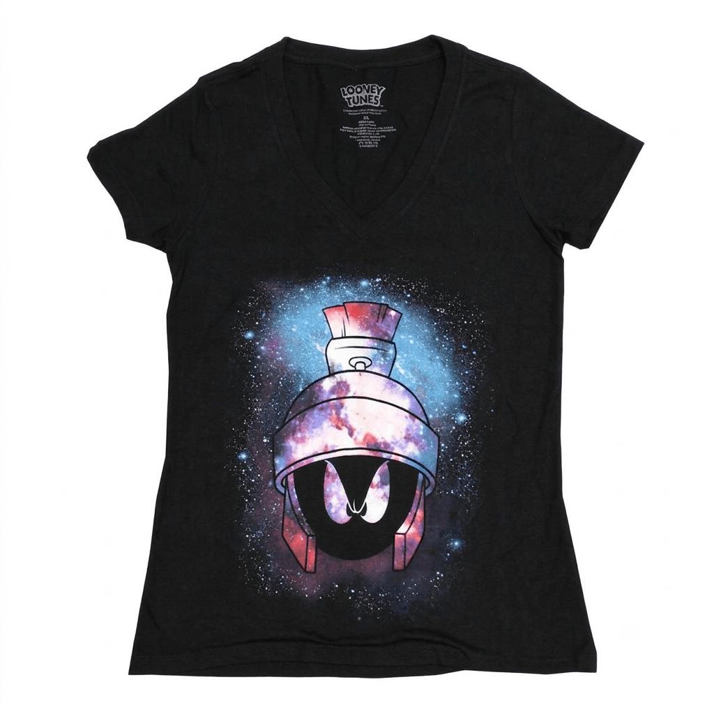Women's Juniors Looney Tunes Marvin the Martian Graphic V-Neck T-Shirt, Black Short Sleeve Tee, Sizes S-XL